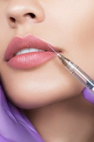 Close up of woman getting dermal filler injection in her lip