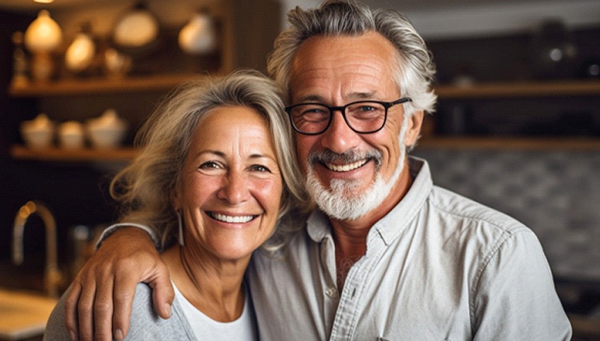 older couple smiling in kitchen