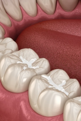 Close up of animated tooth with a tooth colored filling